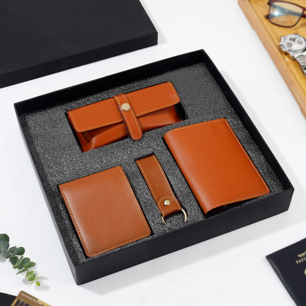 Premium Vegan Leather Wallet Set For Men - Tan