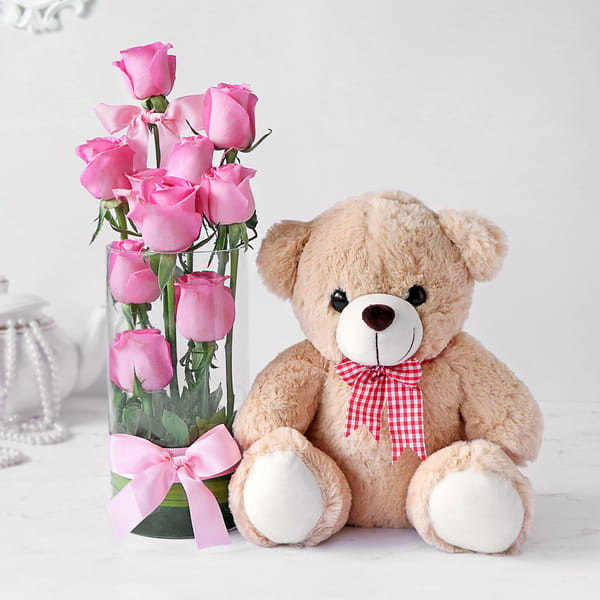 Pristine 10 Pink Roses in Vase with Teddy