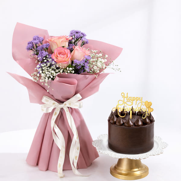 Purple Anniversary Bouquet & Chocolate Bento Cake (300g)