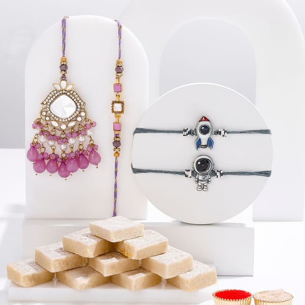 Purple Charm Bhaiya Bhabhi And Kids Rakhi Combo