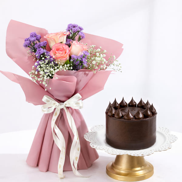 Purple Elegance Bouquet and Chocolate Cake Combo
