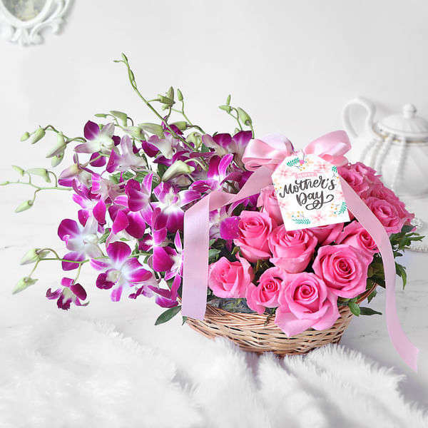 Purple Orchids & Pink Roses in Basket for Mother