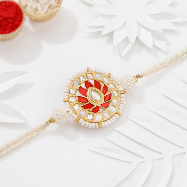 Radiant Red And White Kundan Pearl Rakhi