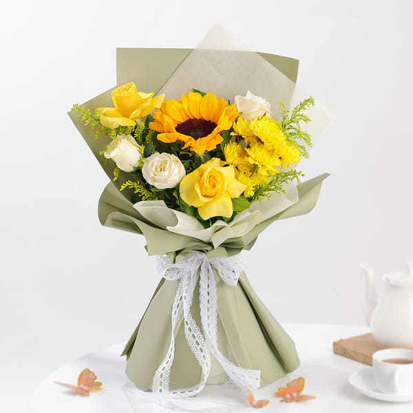 Radiant Sunflower Bouquet with Yellow & White Roses