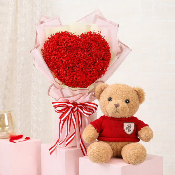 Red Baby's Breath And Teddy For Valentine's Day