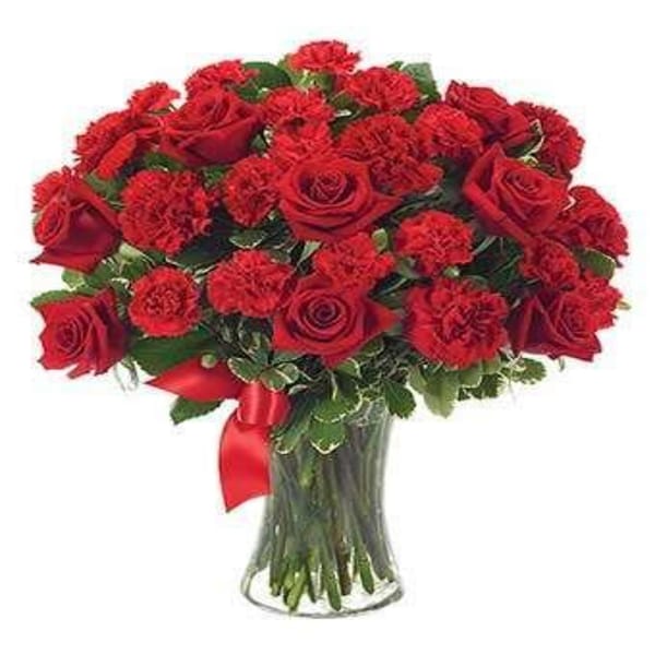 Red Carnations & Roses Glass Vase Arrangement
