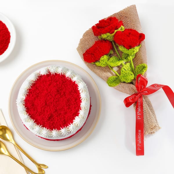 Red Delight Crochet Rose Bouquet And Red Velvet Cake Combo