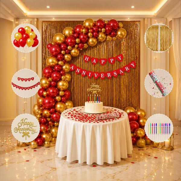 Red & Gold Grand Anniversary DIY Party Decor & Celebration Kit - 58 pcs
