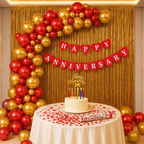 Red & Gold Grand Anniversary Party Decor & Celebration Kit - 58 pcs