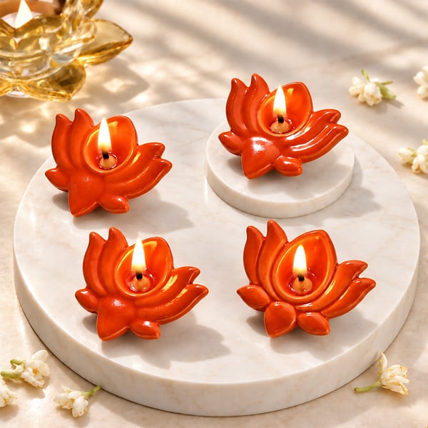 Red Lotus Diya - Set of 4