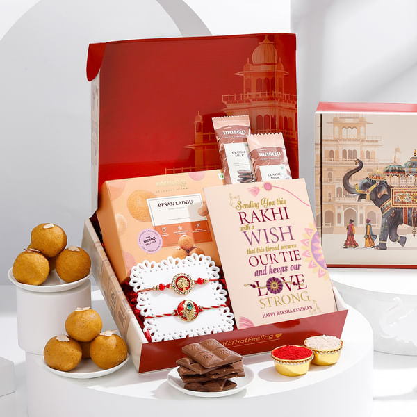 Red Meenakari Rakhis And Sweets Hamper