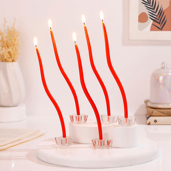 Red Pillar Candles Set of 5 with Glass Holder