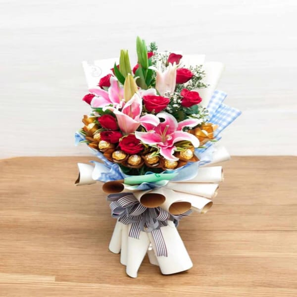 Red Roses, Stargazer Lily & Ferrero Rocher Bouquet