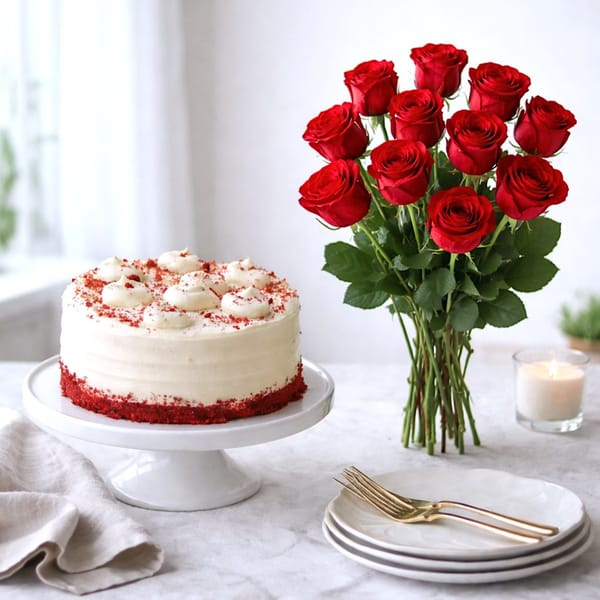 Red Velvet Cake & 12 Classic Red Roses Combo