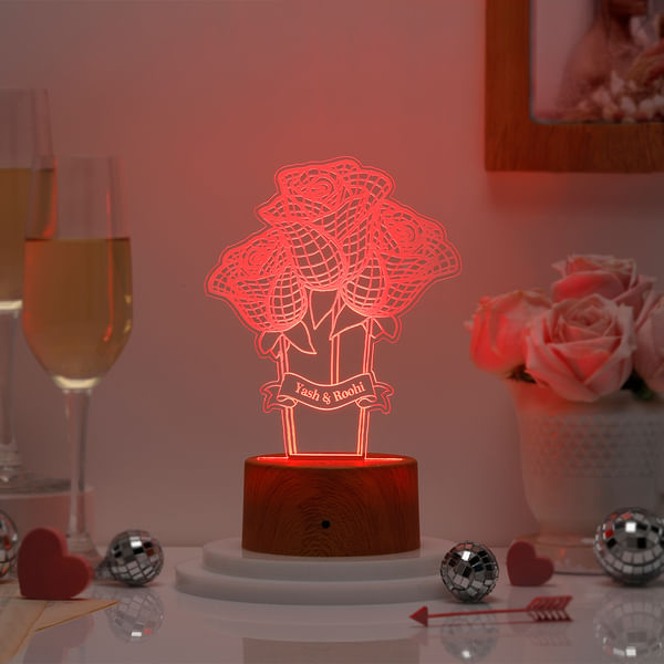 Romantic Roses Personalized LED Lamp With Brown Base