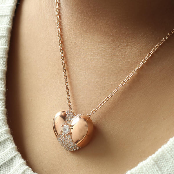 Rose Gold Finish Studded Heart Pendant Necklace