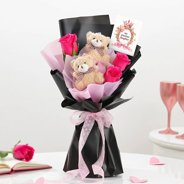 Roses and Teddy Bouquet for Daughter's Day