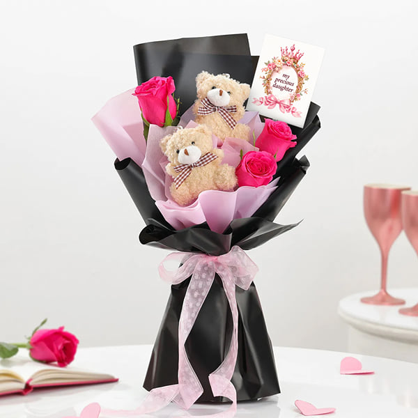 Roses and Teddy Bouquet for Daughter's Day
