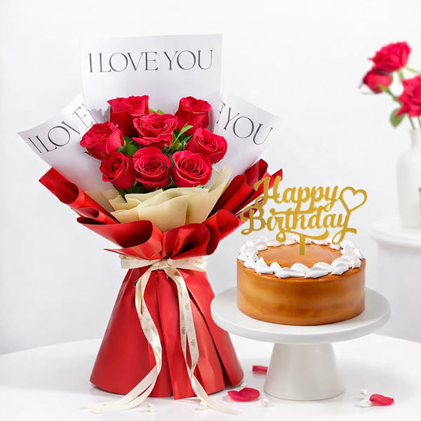 Roses Bouquet and Butterscotch Cake Birthday Combo