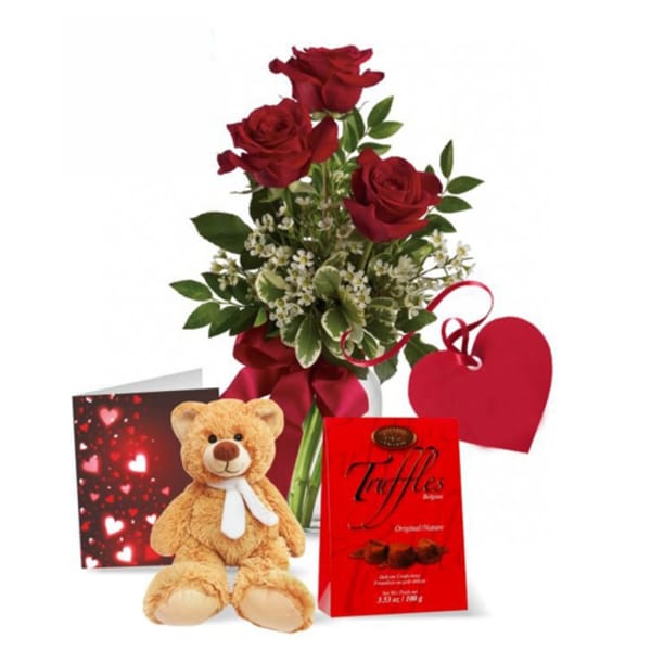 Roses, Teddy, Card & Truffles Gift Combo