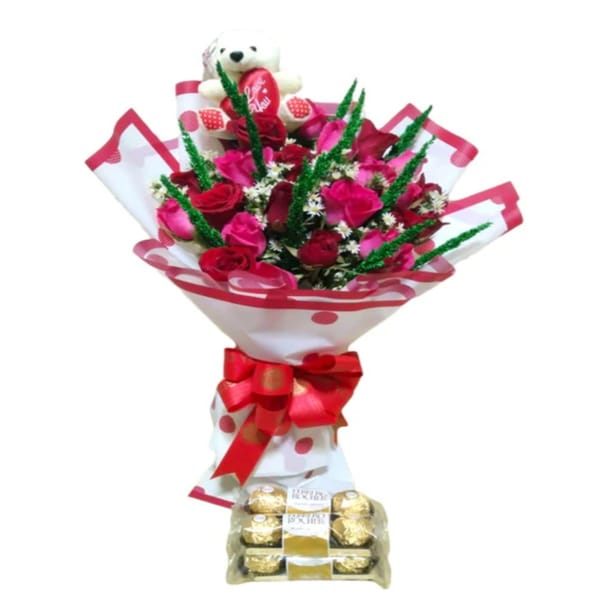 Roses, Teddy & Chocolates Romantic Gift