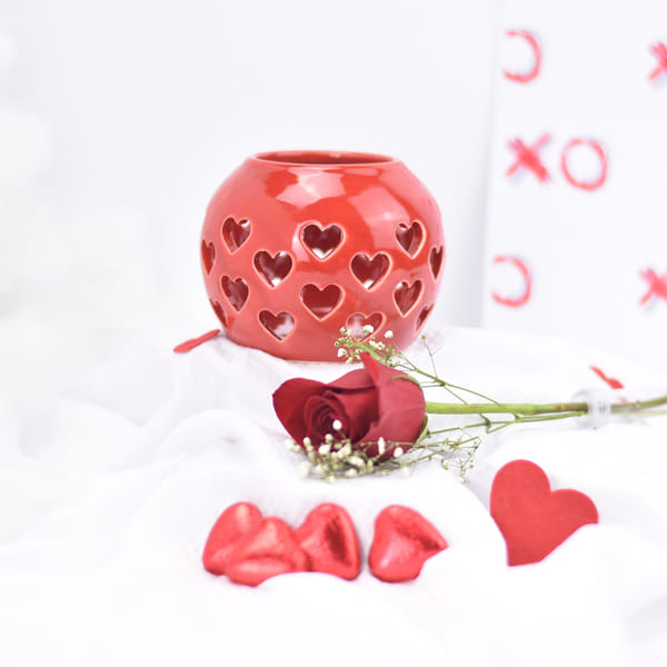 Round Red Vase with Heart Cutouts & Red Rose
