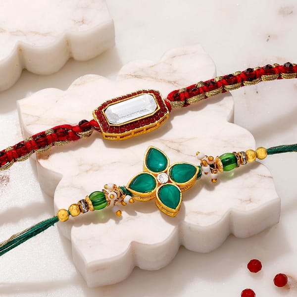 Royal Kundan & Emerald Clover Stone Rakhi Set of 2