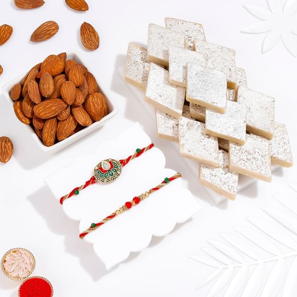 Royal Lotus Rakhi With Kaju Katli And Almond Treat