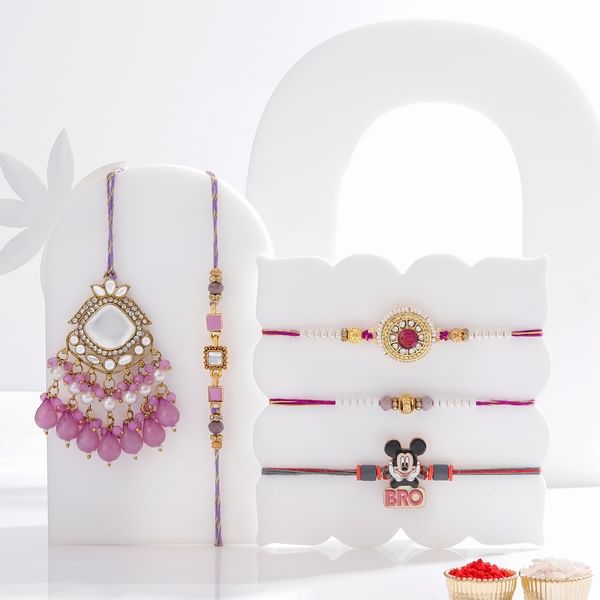 Royal Purple Bhaiya Bhabhi And Kids Rakhi Set