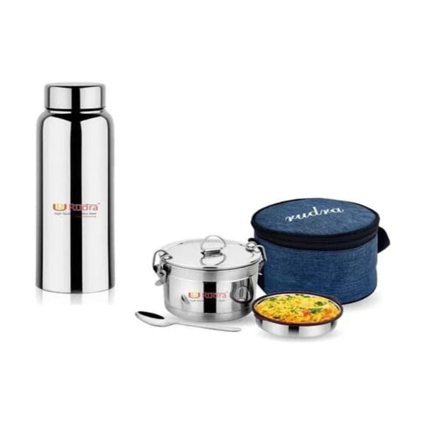 Rudra Silver Stainless Steel Food Pack Lunch Box with Water Bottle & Bag (700 ml)