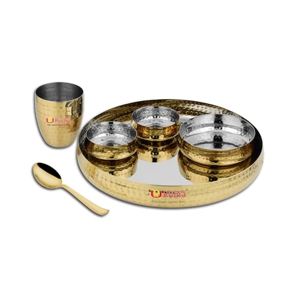 Rudra Stainless Steel 6 Piece Gold Hammered Dinner Thali Set with Grade 202-2