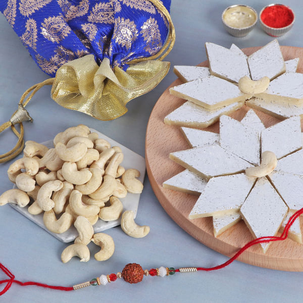 Rudraksh Rakhi With Kaju Katli And Cashews In Potli
