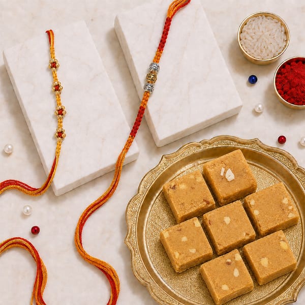 Rudraksh Swastik Om Rakhi Set with Channa Barfi