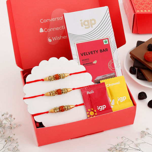 Rudraksha Rakhi Set Of 3 With Chocolate