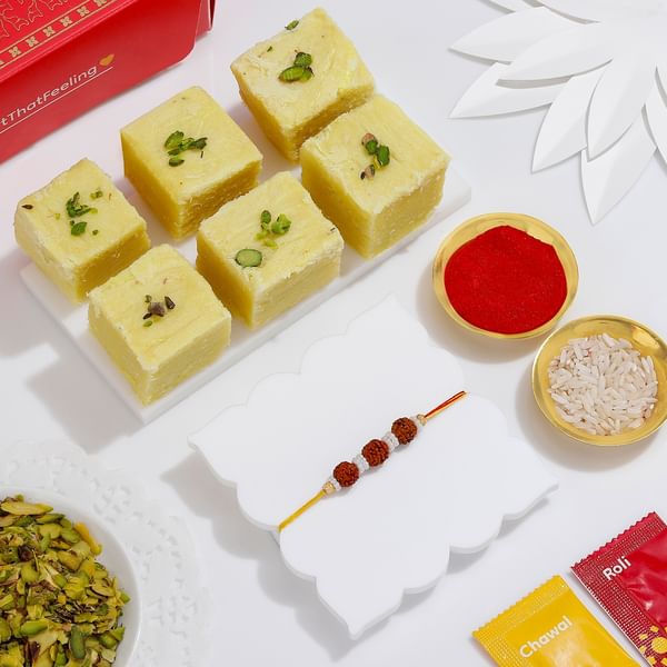 Sacred Rudraksha Rakhi And Soan Papdi Combo