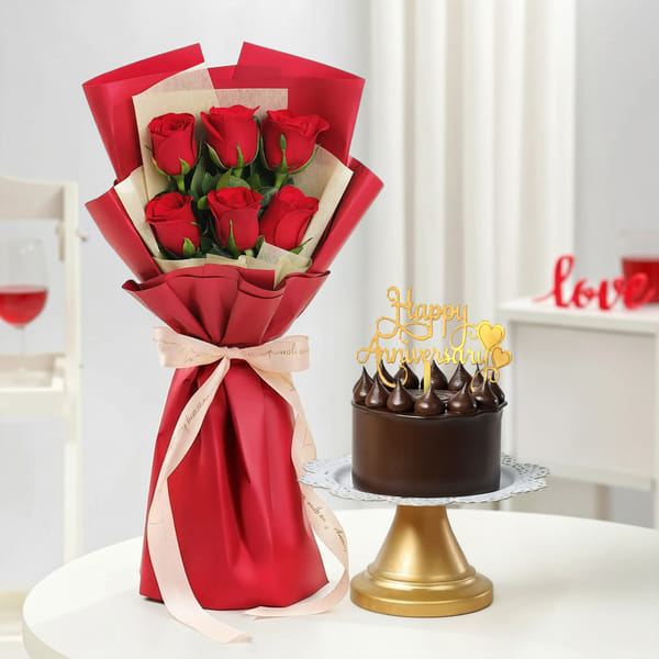 Scarlet Roses & Truffle Ganache Cake Anniversary Combo