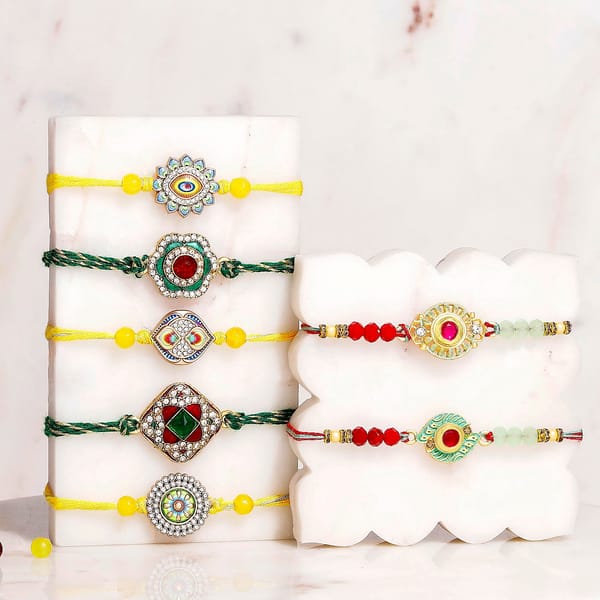 Semi-Precious & Evil Eye Rakhi Set of 7