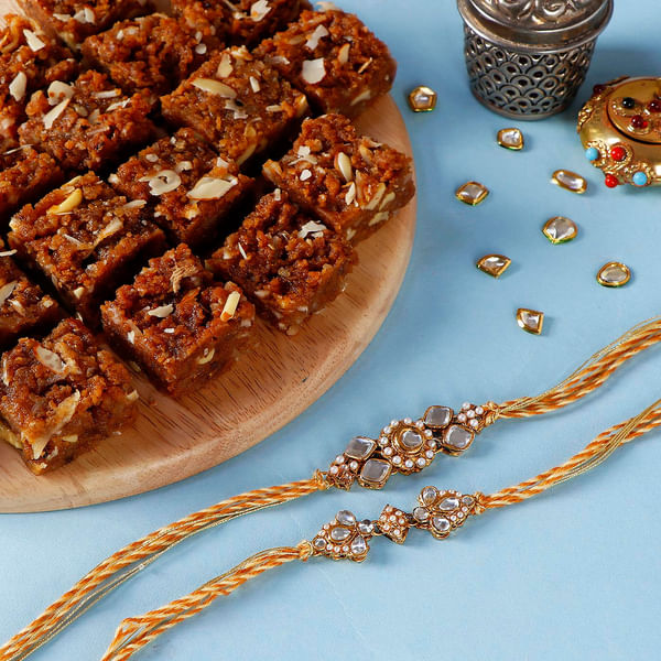 Set of 2 Kundan Rakhi with Doda Barfi
