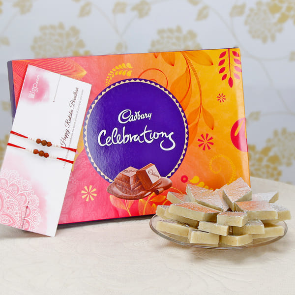 Set of 2 Rakhis with 250g Kaju Katli & Cadbury Celebrations
