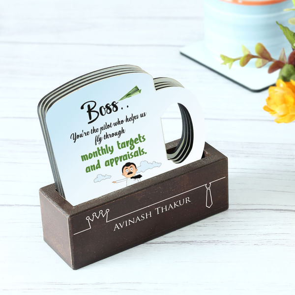 Set of 4 Quirky Coasters with Personalized Holder for Boss's Day