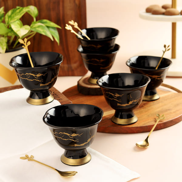 Set of 6 Ice Cream Bowls N Spoons - Black