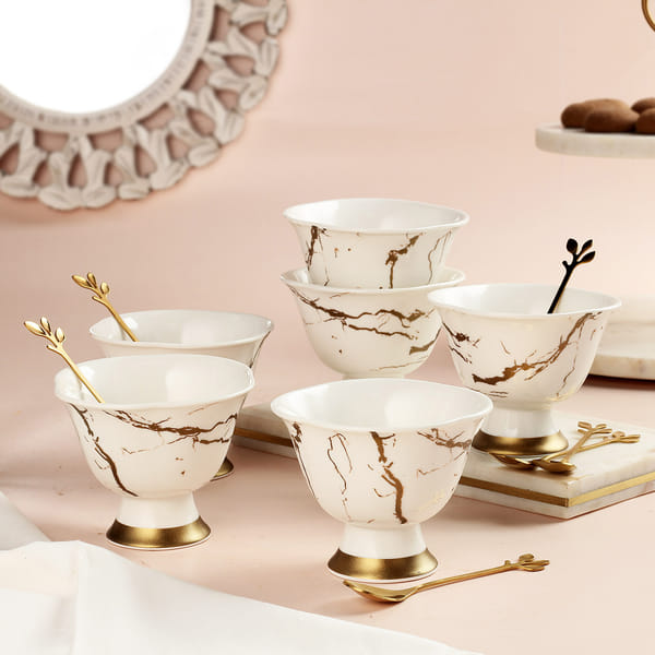 Set of 6 Ice Cream Bowls N Spoons - White