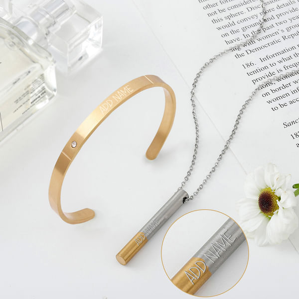 Shinning Grace - Personalized Two Tone Pendant Chain And Cuff Bracelet Set