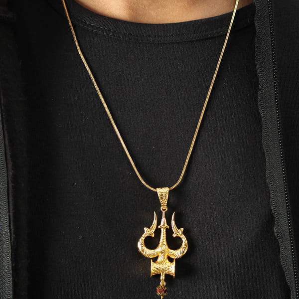 Shiv Damru & Trishul Engraved Oxidised Gold Finish Men's Pendant