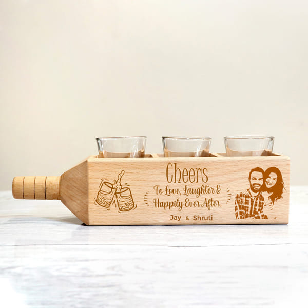 Shot Glasses in Personalized Bottle Shaped Wooden Holder