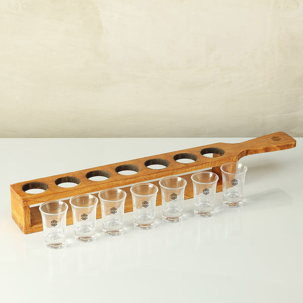 Shot Glasses in Wooden Tray - Customized With Logo