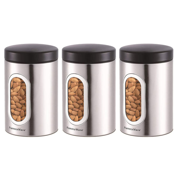 Signoraware Modular Steel Round Window Container Matt Finish 950ml - Set of 3