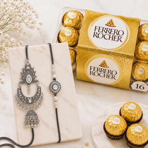 Silver Bhaiya Bhabhi Rakhi and Chocolates Combo