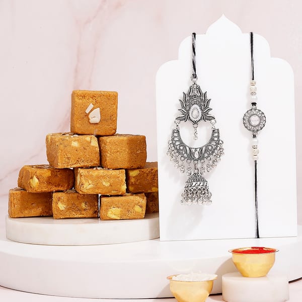 Silver Bhaiya Bhabhi Rakhi Set with Besan Barfi