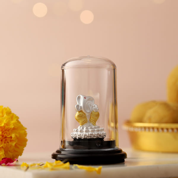 Silver Lord Ganesha Idol in Glass Dome